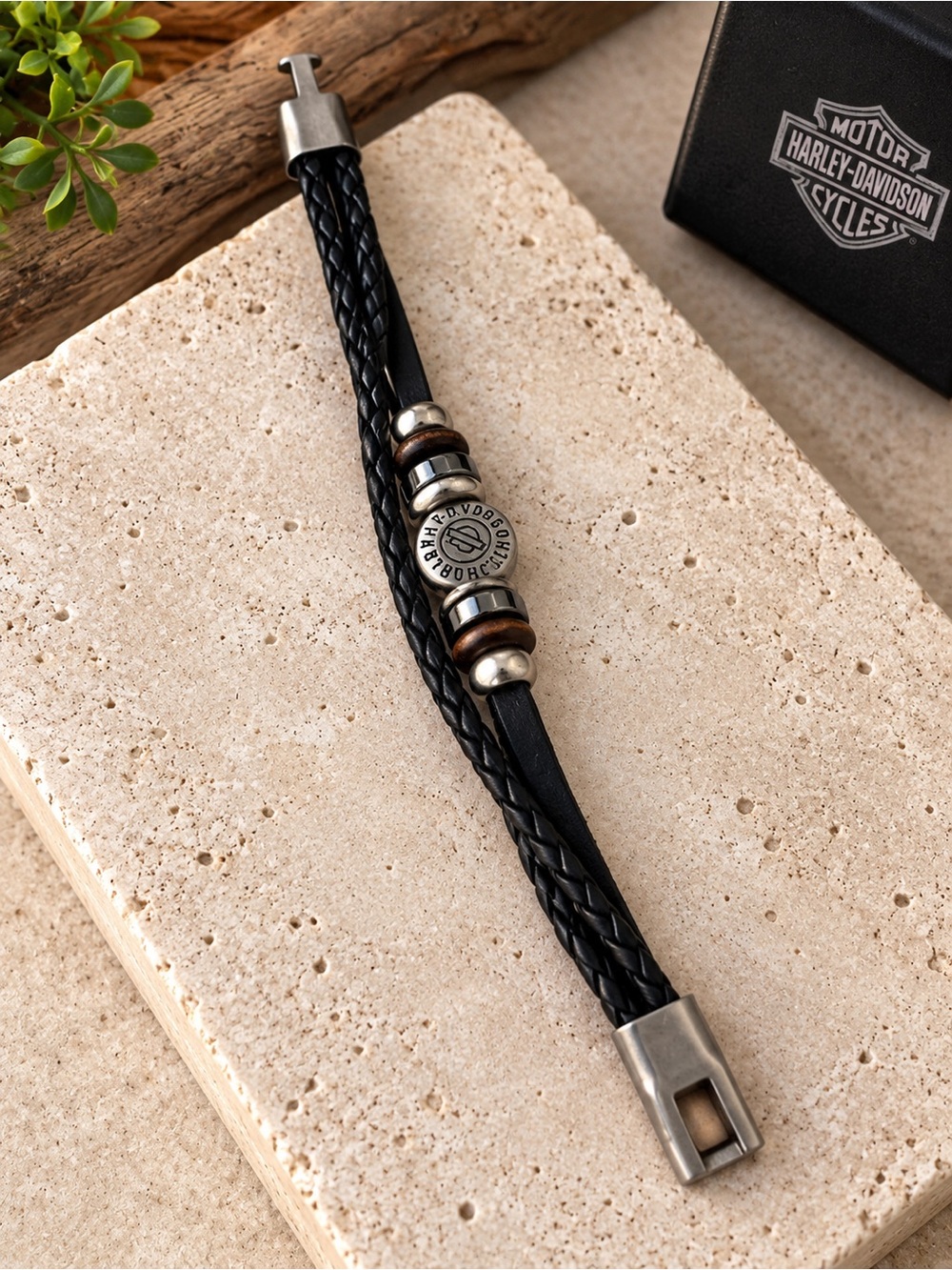 Harley-Davidson Black Braided Leather Bracelet with Silver & Brown Accents